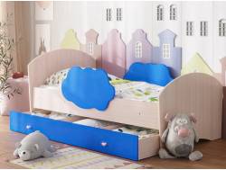 Кровать Тучка с бортиками и ящиком дуб млечный с синим
