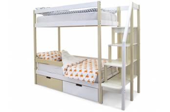 Двухъярусная кровать Svogen с ящиками и бортиком бежево-белый