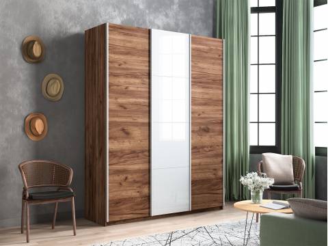 Шкаф-купе Прайм Широкий 3-х дверный два ДСП/Стекло Белое Крафт табачный