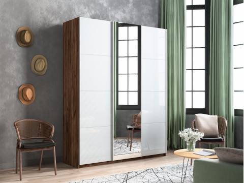Шкаф-купе Прайм Широкий 3-х дверный два белых стекла/зеркало Крафт табачный